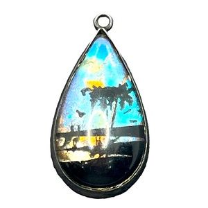 Hoffman sterling silver vintage butterfly wing painted palm tree beach pendant